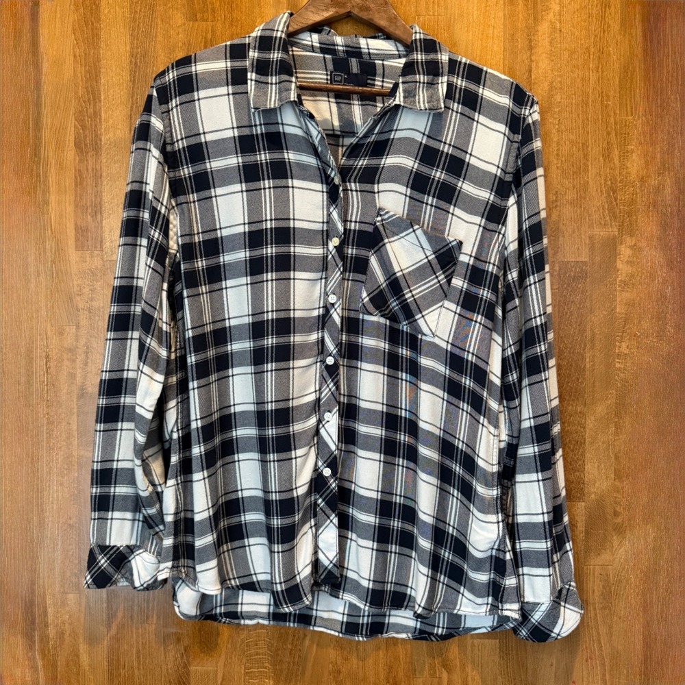 GAP Flannel Shirt Women's XL Long Sleeve Black White Plaid (A0027)